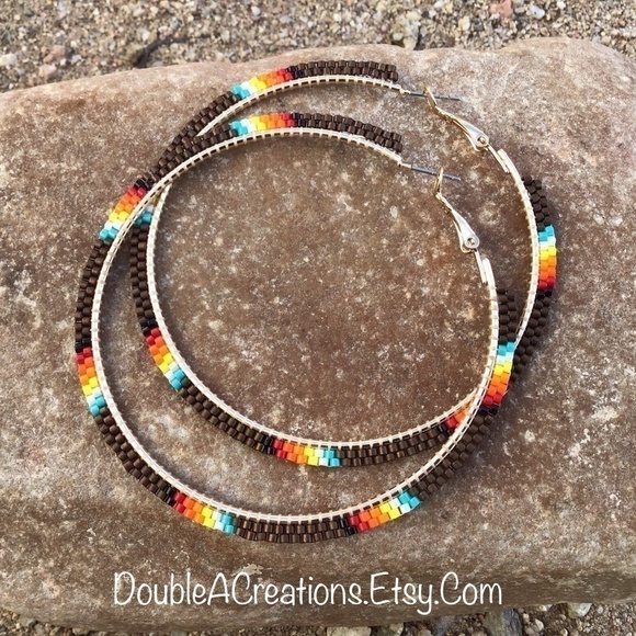 Chocolate Brown Beaded Hoops, New, Handmade by Me - Picture 1 of 6
